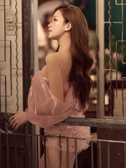 Pink Mesh Sequin Applique Slash Neck Top