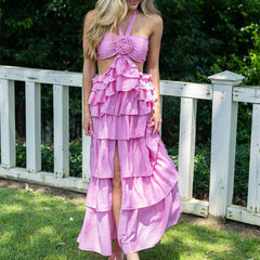 Ruffles Flowy Tiered Halter Tie Neck Maxi Dress