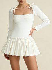Beige Square Collar  Tie Shoulder Long Sleeve Pleated Mini Dress