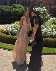 Pink Deep V-neck Backless Halter Maxi Dress