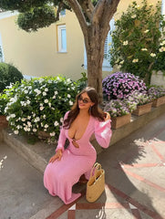 Knitted Long Sleeve Deep V-Neck Ring Detail Maxi Dress
