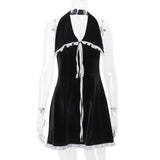 Black Velvet  Large Collar Halter Mini Dress