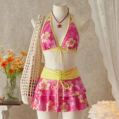 Floral Color Block Triangle Bikini And Pants With Cover Up Skirt Three-Piece Set