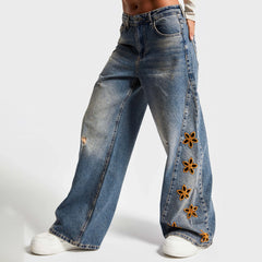 Wide Leg Floral Embroidered Denim Jeans