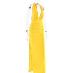 Satin Deep Neck Drape Maxi Dress