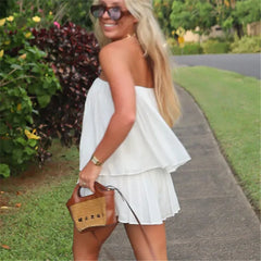 White Pleated Tube Top And Shorts Set