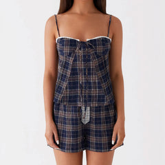 Plaid Lace Trim Sleeveless Top with Shorts Pajama Set