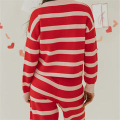 Striped Knit Crew Neck Long Sleeve Top And Drawstring Wide Leg Pants Set