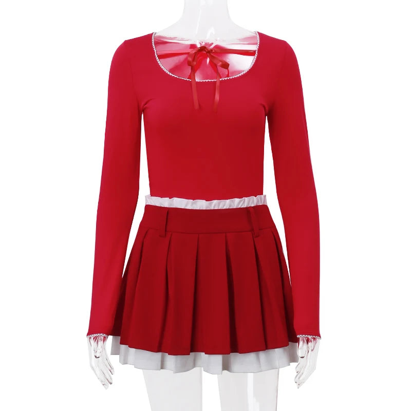 Red Long Sleeve Top And Pleated Mini Skirt Set