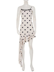 White Polka Dot Asymmetrical Ruffle Hem Spaghetti Strap Midi Dress