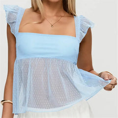 Blue Sheer Square Neck Ruffle Strap Top