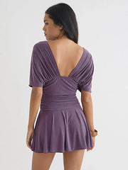 Deep V-neck Short Sleeve Solid Ruched Mini Dress