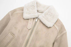 Beige Fur Lining Turn-Down Collar Biker Jacket