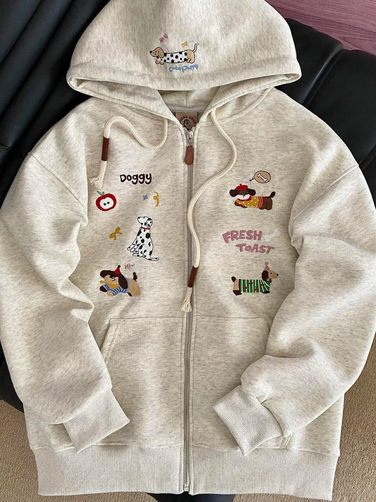Dog Graphic Embroidery Zip-Up Hoodie