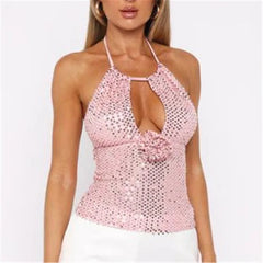 Sequin Halter 3D Flower Cut Out Crop Top