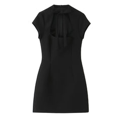 Short Sleeve Lace Up Cut Out Collar Polka Dot Mini Dress