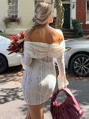 White Lace Off-Shoulder Long Sleeve Dress