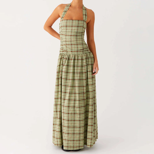 Green Plaid Halter Maxi Dress
