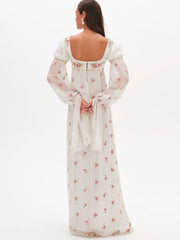White Floral Square Neck Long Puff Sleeve Maxi Dress