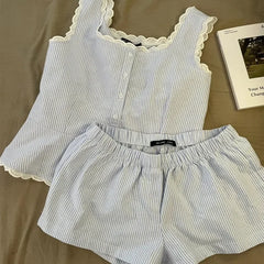 Blue Striped Sleeveless Top And Shorts Set