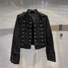 Stand Collar Button Split Short Denim Jacket
