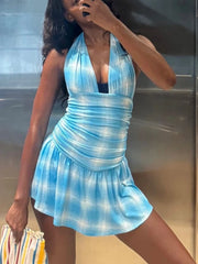 Blue Plaid Halter Mini Dress