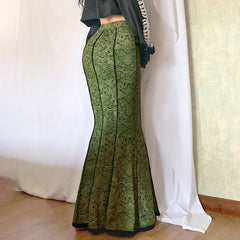 Green Lace Printed Trumpet Long Skirt Free From Label