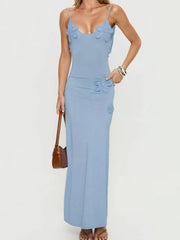 Blue Knit Spaghetti Strap Crochet Flower Maxi Dress