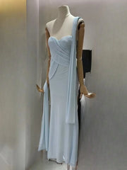 Blue Strapless Sheer Scraf Maxi Dress
