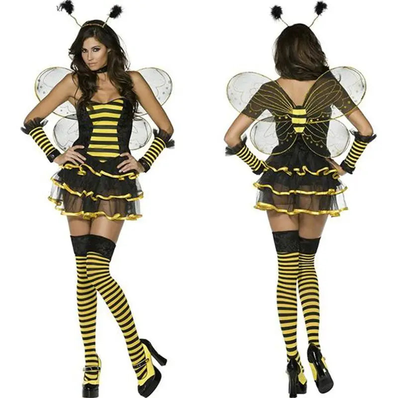 “Sexy bee cosplay bodysuit with mesh wings and headband”
