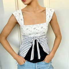 Printed Polka Dot Tie Waist Tank Top