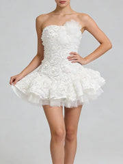 3D Flower Strapless Patchwork Ruffles Mini Dress