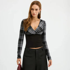 Plaid Patchwork Black Long Sleeve Top