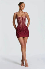 Lace Corset Square Neck Ruched Satin Bodycon Short Dress