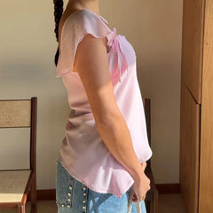 Ruffle Cap Sleeve Bow Tie Flowy Top