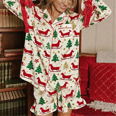 Christmas Print Button Up Long Sleeve Top and Shorts Pajamas Sets