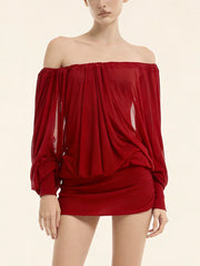 Off-Shoulder Long Sleeve Open Back Puff Mini Dress