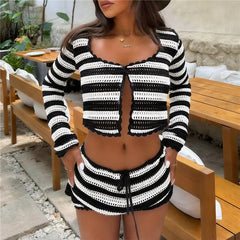 Striped Long Sleeve Open Knit Crop Top and Drawstring Shorts Set