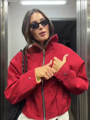 Red Zipper-up Plaid Stand Collar Jacket