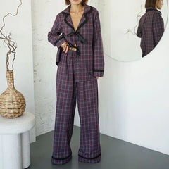 Gingham Bow Tie Long Sleeve Shirt And Pants Pajama Sets