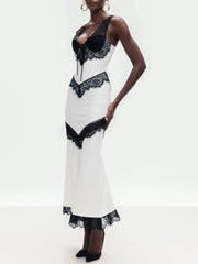 White Lace Patchwork Mermaid Hem Midi Dress