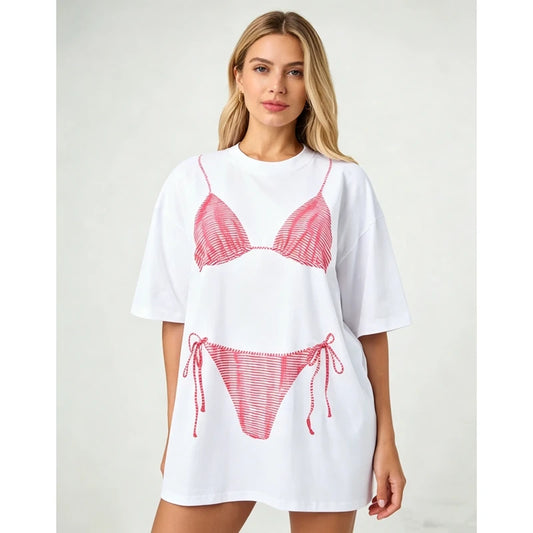 Bikini Print White Graphic T-shirt