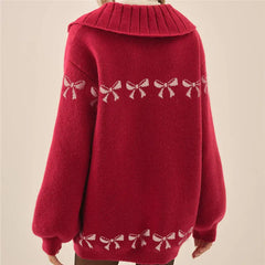 Bow Print Collar Button Up Cardigan