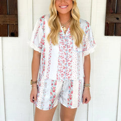 Satin Print Patchwork Shirt And Shorts Set