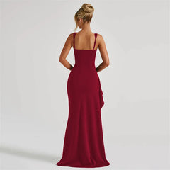 Square Neck Strap Thigh High Split Draped Long Dress
