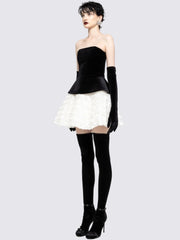 Black Velvet Lace-up Corset Top And Mini White Floral Skirt Set