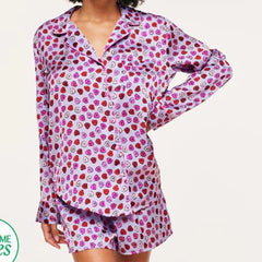 Purple Satin Heart Print Long Sleeve Button Top with Shorts Pajama Set