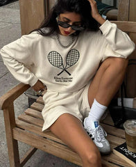 White Tennis Embroidery Sweatshirt And Shorts Set