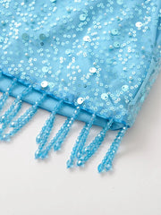 Blue Sequin Criss Cross Crop Top And Tassel Mini Skirt Set