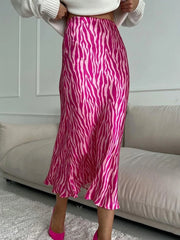 Pink Printed Satin Midi Straight Skirt Free From Label